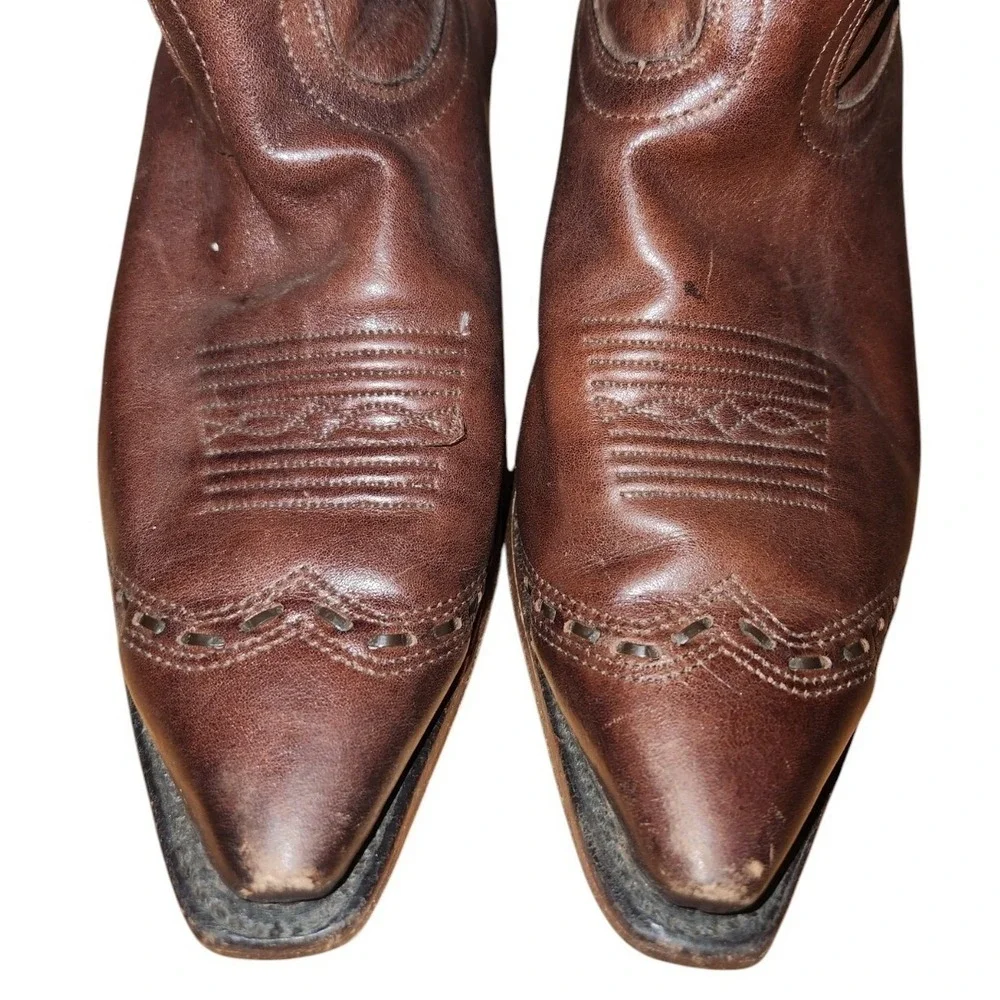 Vintage Boulet Leather‎ Cowboy Boots, Western Brown, Decorative Stitching 8 Wide